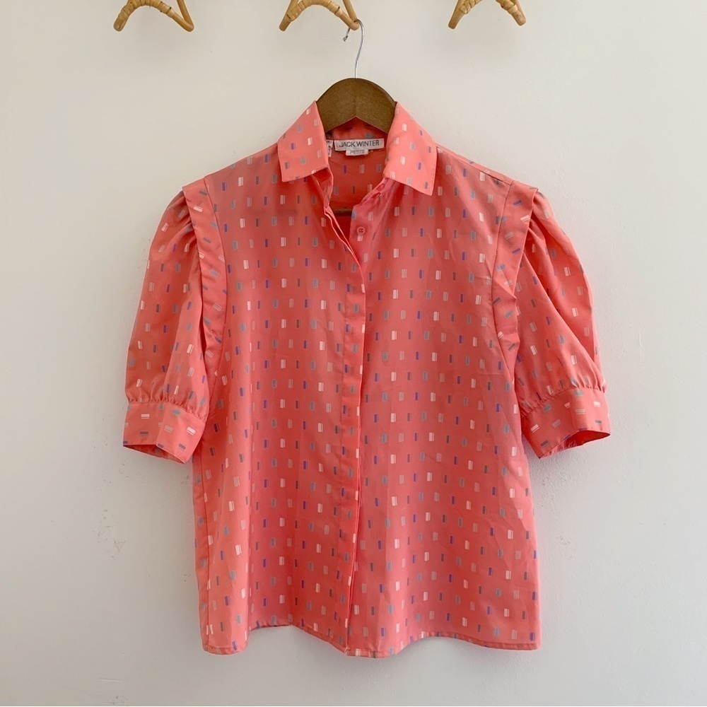 Vintage Pink Geo Print Puff Sleeve Button Front Blouse Sz 8 Summer Office